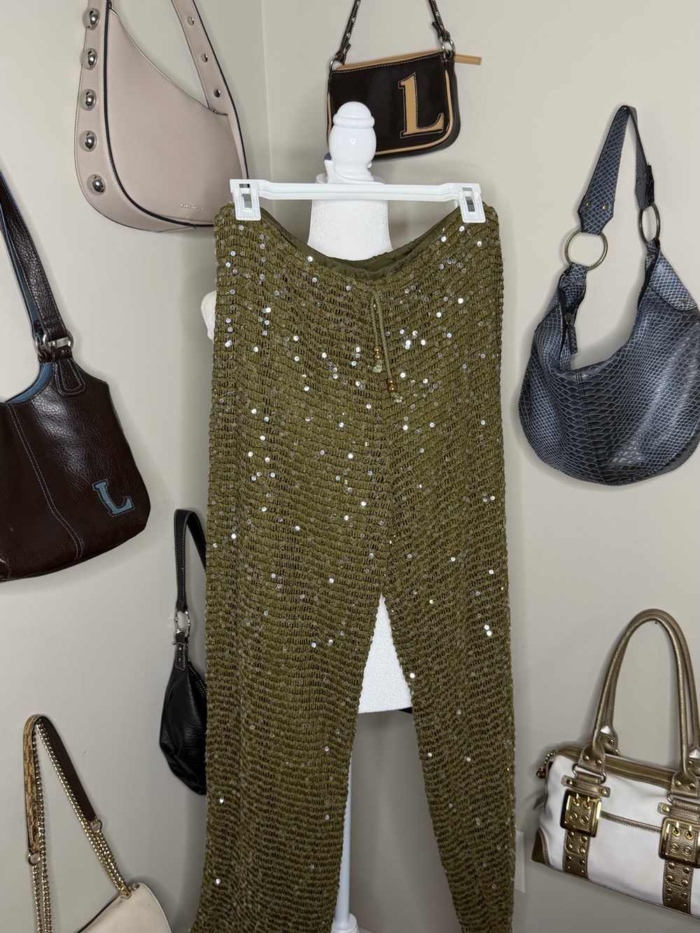 Olive Sequin Knit Drawstring Pants - Women - XL